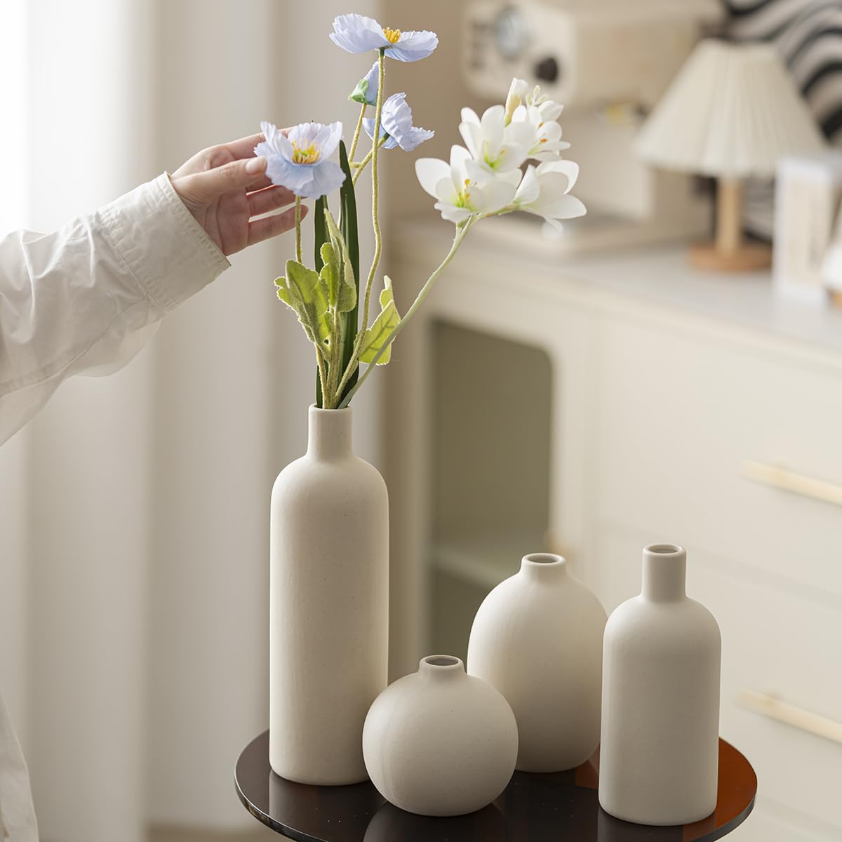 Modern Ceramic Vase Set, Neutral Colors, Decorative Vases for Home Decor, 4 Piece Collection (Beige)