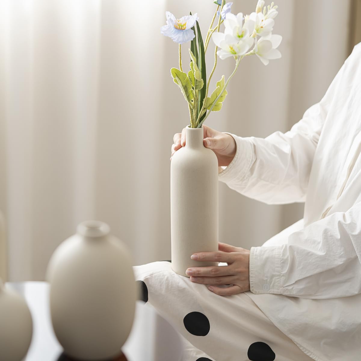 Modern Ceramic Vase Set, Neutral Colors, Decorative Vases for Home Decor, 4 Piece Collection (Beige)