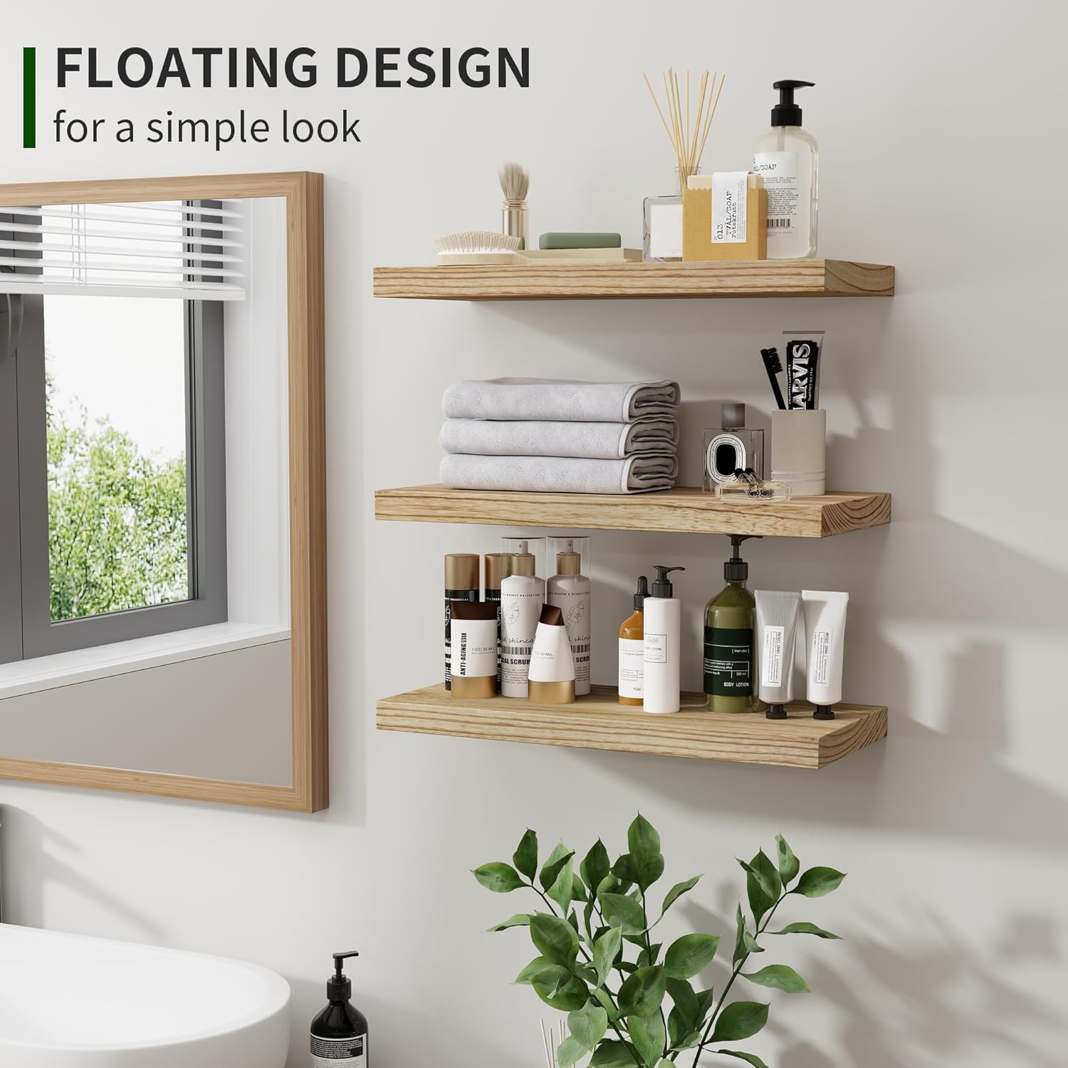 Marsmiles Wood Floating Shelves for Wall Set of 3, 17 Inch Wide Rustic Wooden Floating Shelves, Invisible Wall Mounted Display for Living Room Bedroom Kitchen Bathroom Office, Carbonized Black