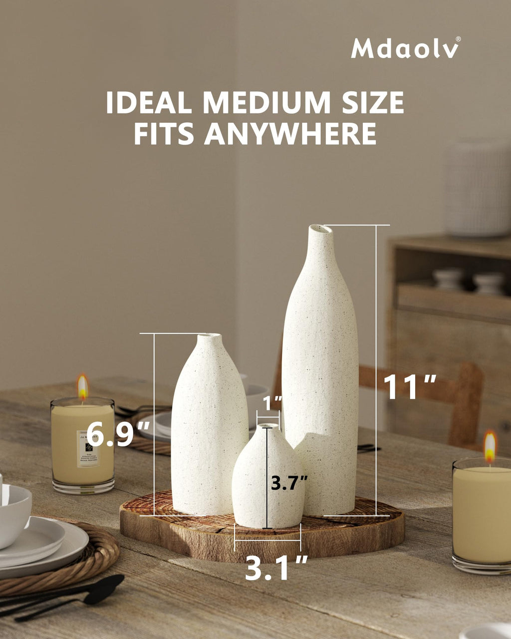 Matte Clay Flower Vase Set of 3 Minimalist Nordic Modern Decorative Ceramic Vases for Home Table Decor, Fireplace Mantel Shelf Entry Way Console Kitchen Island Dining Table Centerpiece (Cream White)