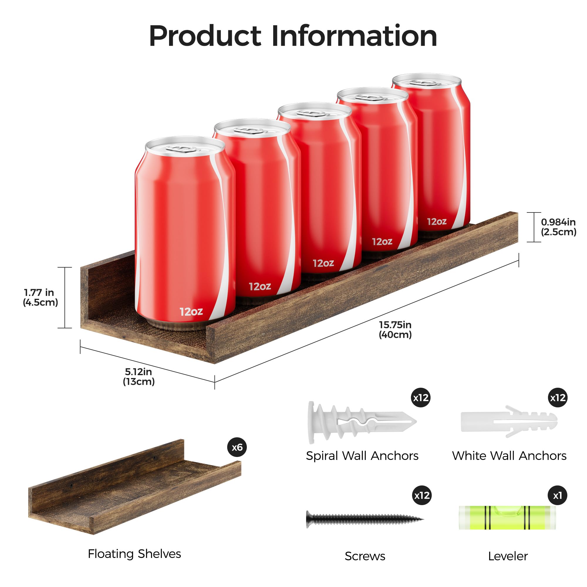 upsimples Floating Shelves for Wall, Wall Shelves for Decor Storage Set of 6, Wall Mounted Wood Shelf for Bedroom, Living Room, Bathroom, Kitchen, Picture Ledge Shelf, Brown