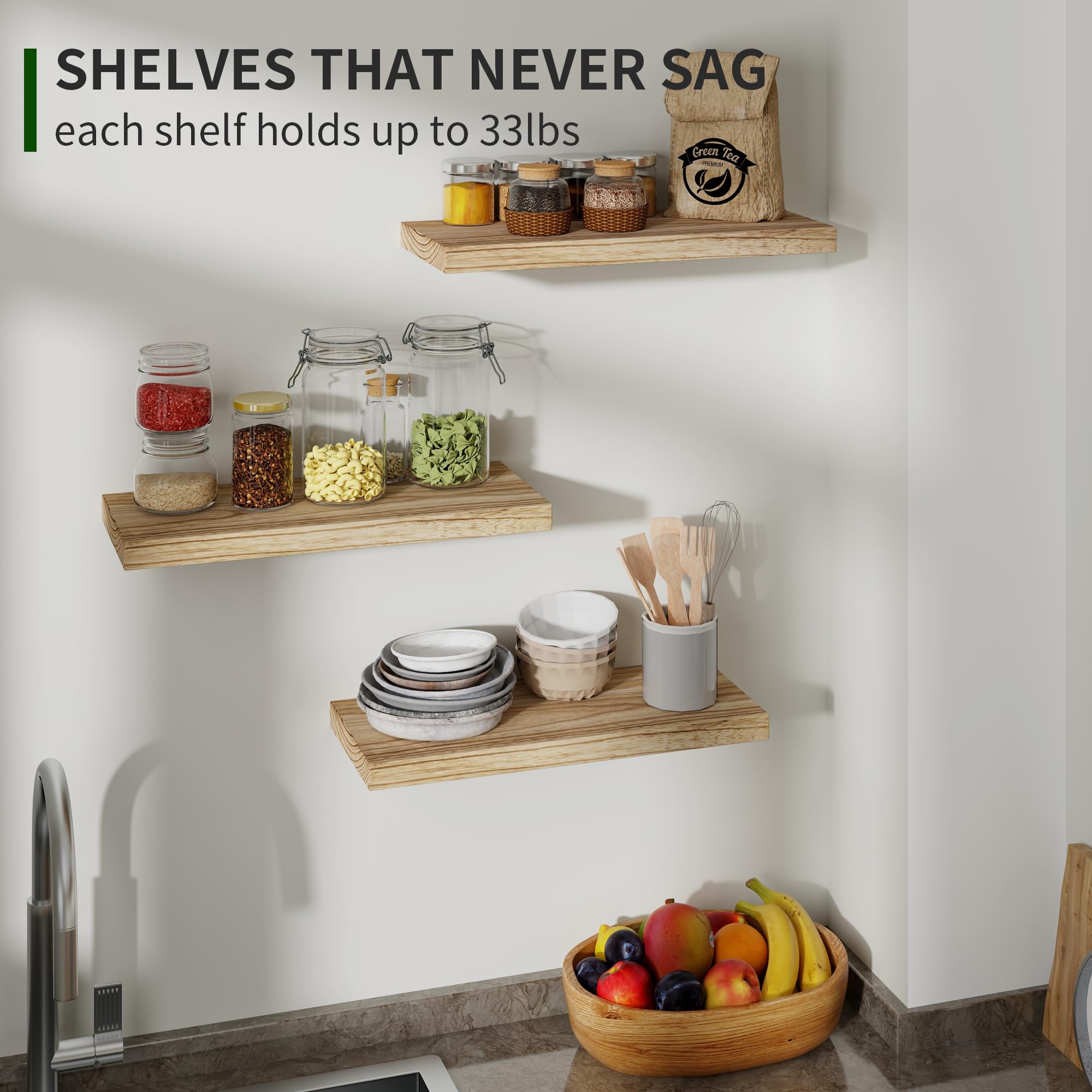 Marsmiles Wood Floating Shelves for Wall Set of 3, 17 Inch Wide Rustic Wooden Floating Shelves, Invisible Wall Mounted Display for Living Room Bedroom Kitchen Bathroom Office, Carbonized Black