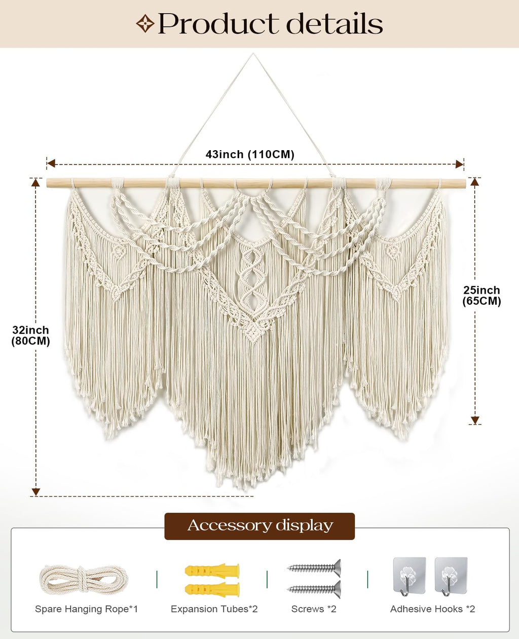 Tempospark Large Macrame Wall Hanging, 43" Wx32 L Boho Wall Hangings for Living Room Bedroom Nursery, Boho Chic Large Macrame Tapestry for Bedroom Wall Decor (Tassel)