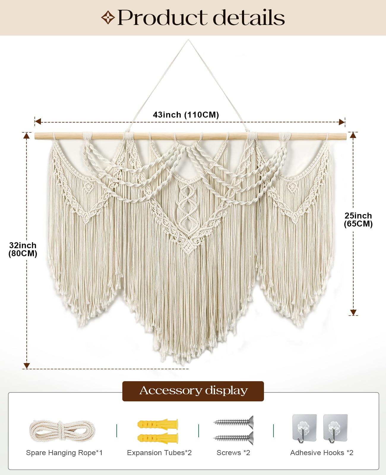 Tempospark Large Macrame Wall Hanging, 43" Wx32 L Boho Wall Hangings for Living Room Bedroom Nursery, Boho Chic Large Macrame Tapestry for Bedroom Wall Decor (Tassel)