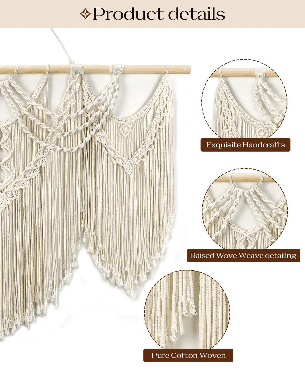 Tempospark Large Macrame Wall Hanging, 43" Wx32 L Boho Wall Hangings for Living Room Bedroom Nursery, Boho Chic Large Macrame Tapestry for Bedroom Wall Decor (Tassel)