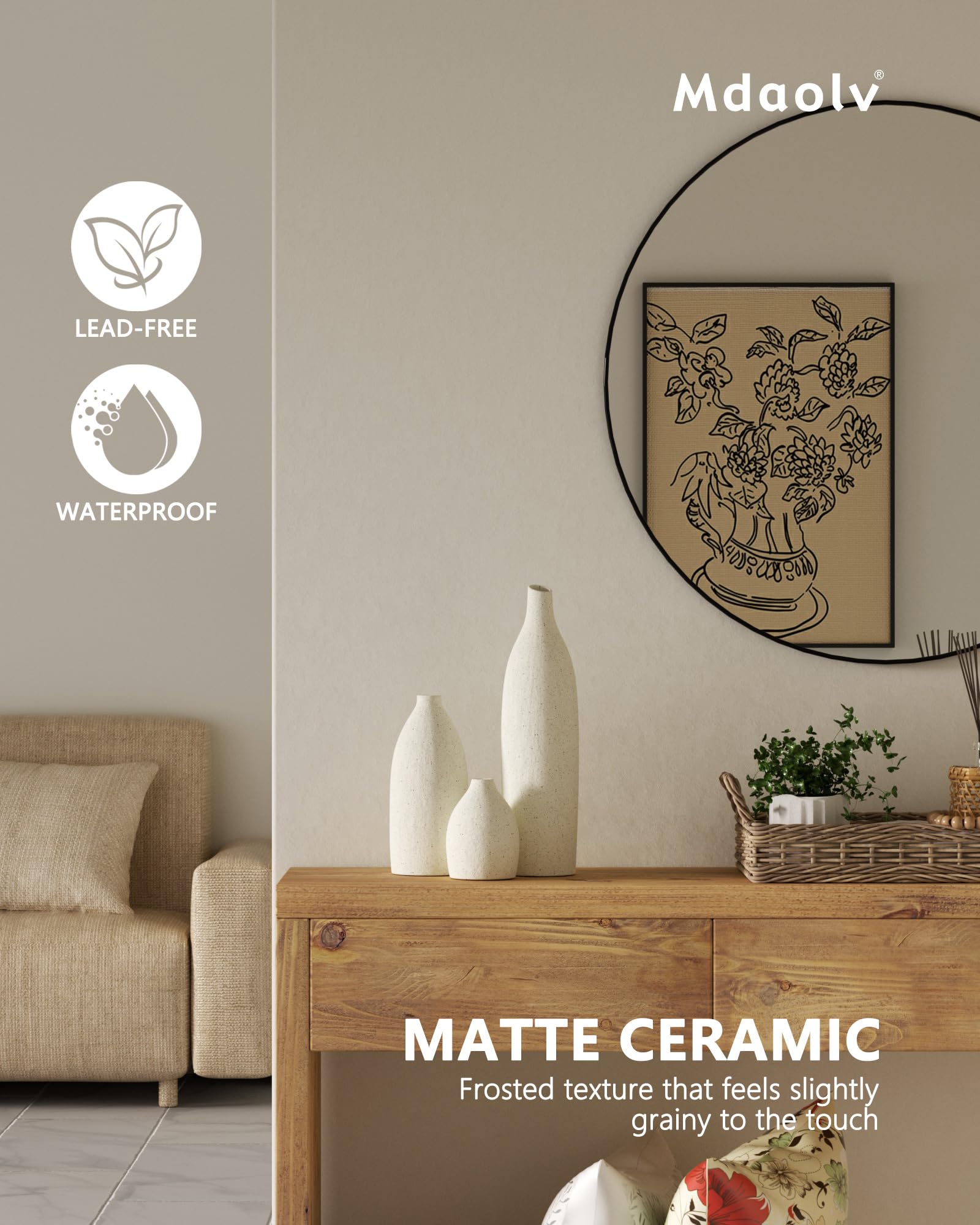 Matte Clay Flower Vase Set of 3 Minimalist Nordic Modern Decorative Ceramic Vases for Home Table Decor, Fireplace Mantel Shelf Entry Way Console Kitchen Island Dining Table Centerpiece (Cream White)