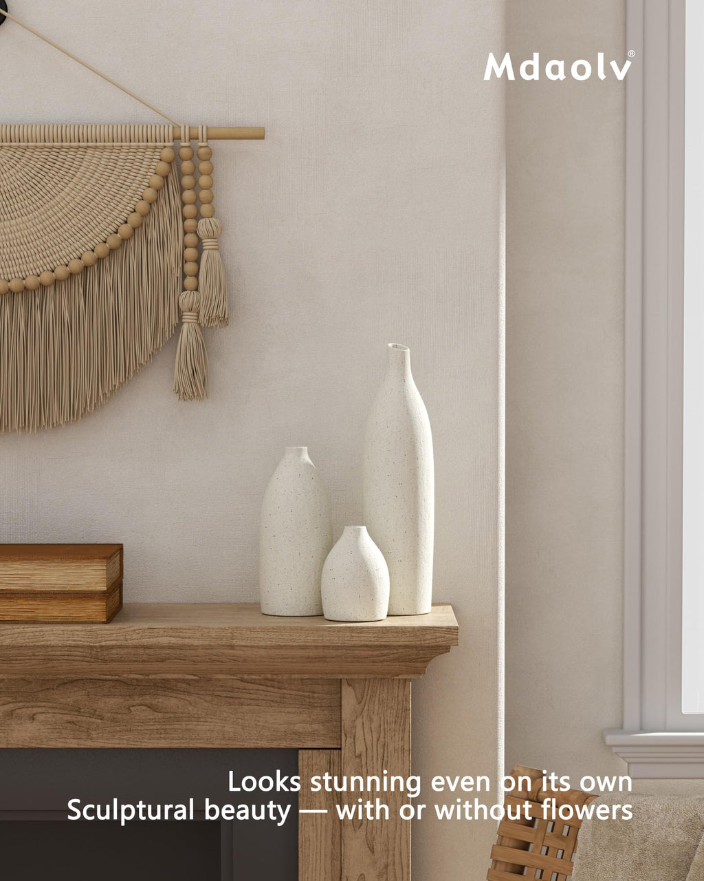 Matte Clay Flower Vase Set of 3 Minimalist Nordic Modern Decorative Ceramic Vases for Home Table Decor, Fireplace Mantel Shelf Entry Way Console Kitchen Island Dining Table Centerpiece (Cream White)