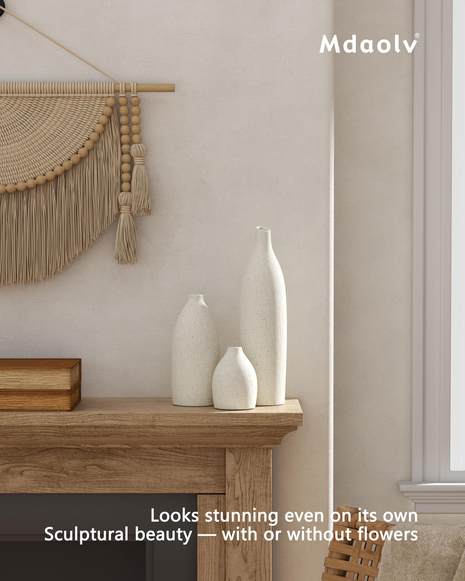 Matte Clay Flower Vase Set of 3 Minimalist Nordic Modern Decorative Ceramic Vases for Home Table Decor, Fireplace Mantel Shelf Entry Way Console Kitchen Island Dining Table Centerpiece (Cream White)