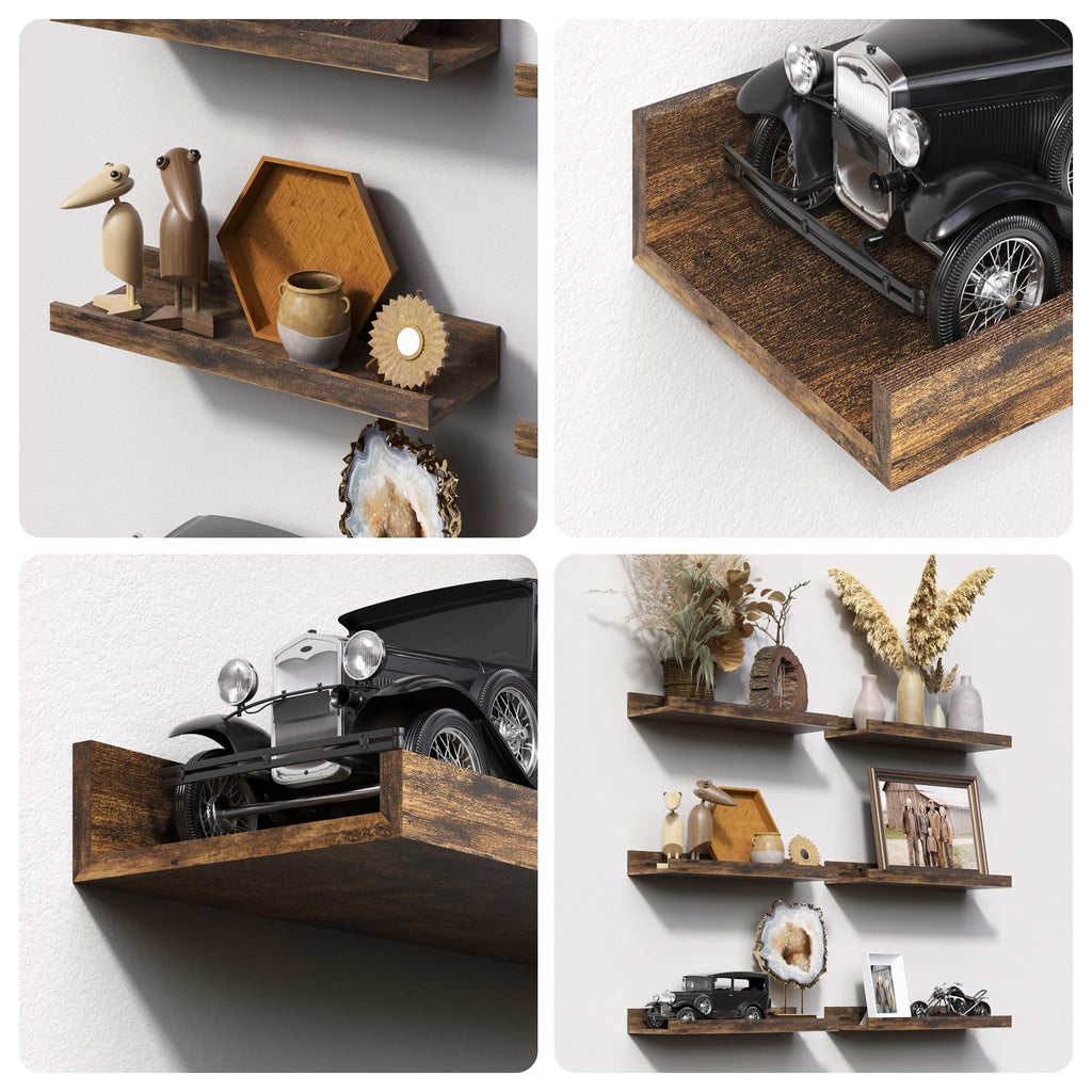upsimples Floating Shelves for Wall, Wall Shelves for Decor Storage Set of 6, Wall Mounted Wood Shelf for Bedroom, Living Room, Bathroom, Kitchen, Picture Ledge Shelf, Brown