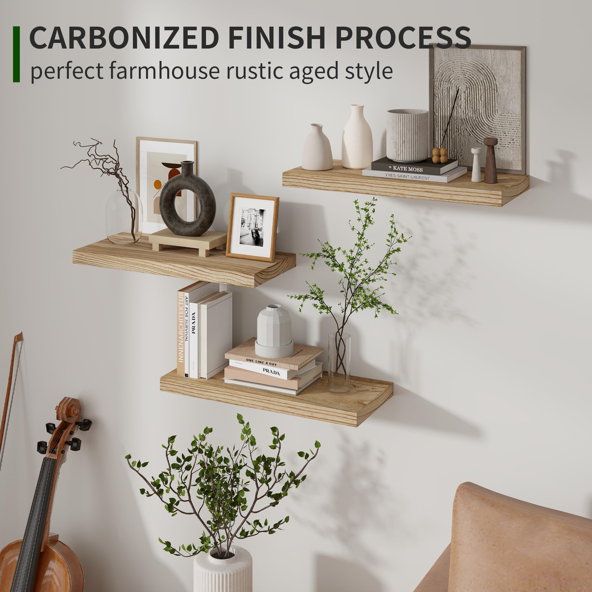 Marsmiles Wood Floating Shelves for Wall Set of 3, 17 Inch Wide Rustic Wooden Floating Shelves, Invisible Wall Mounted Display for Living Room Bedroom Kitchen Bathroom Office, Carbonized Black