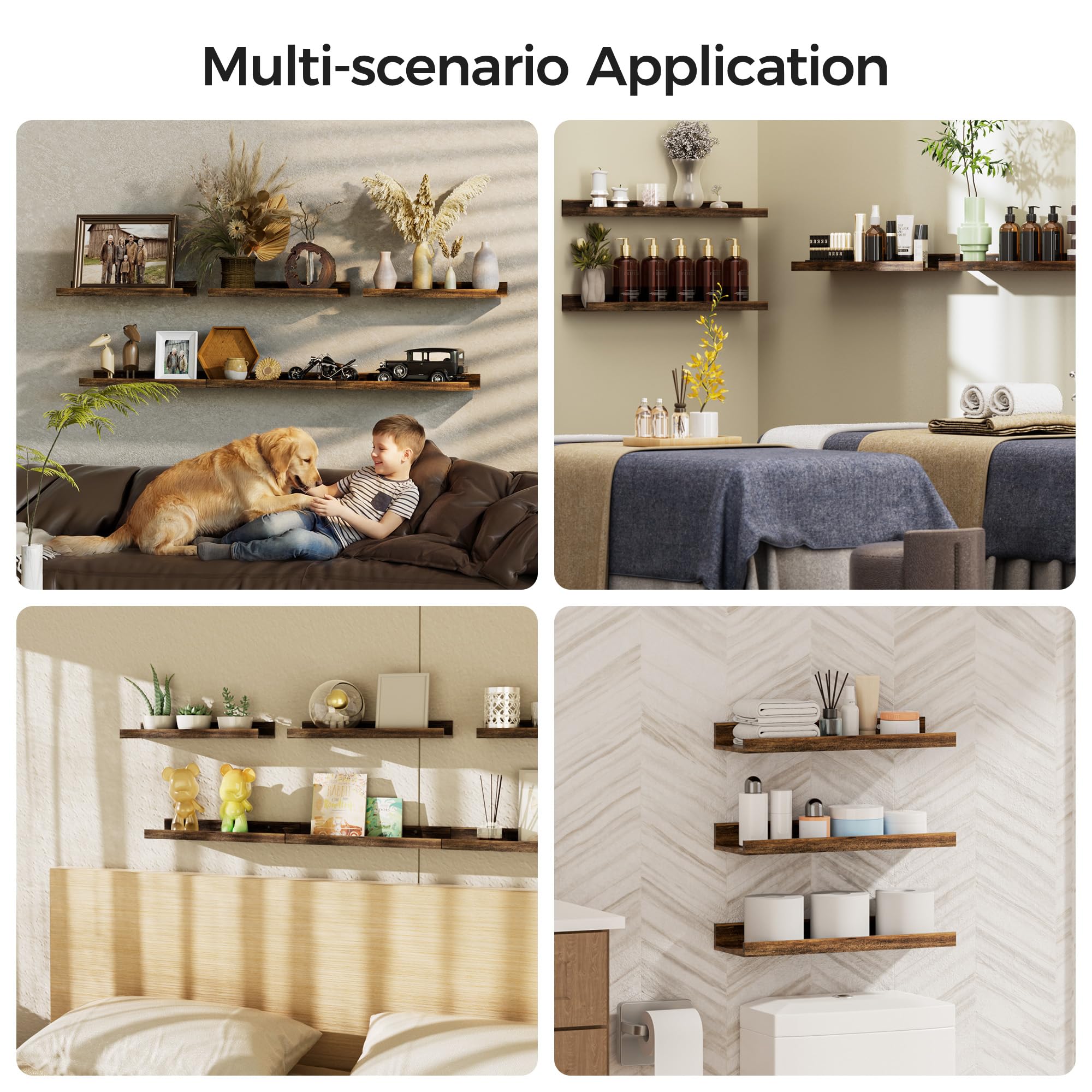 upsimples Floating Shelves for Wall, Wall Shelves for Decor Storage Set of 6, Wall Mounted Wood Shelf for Bedroom, Living Room, Bathroom, Kitchen, Picture Ledge Shelf, Brown